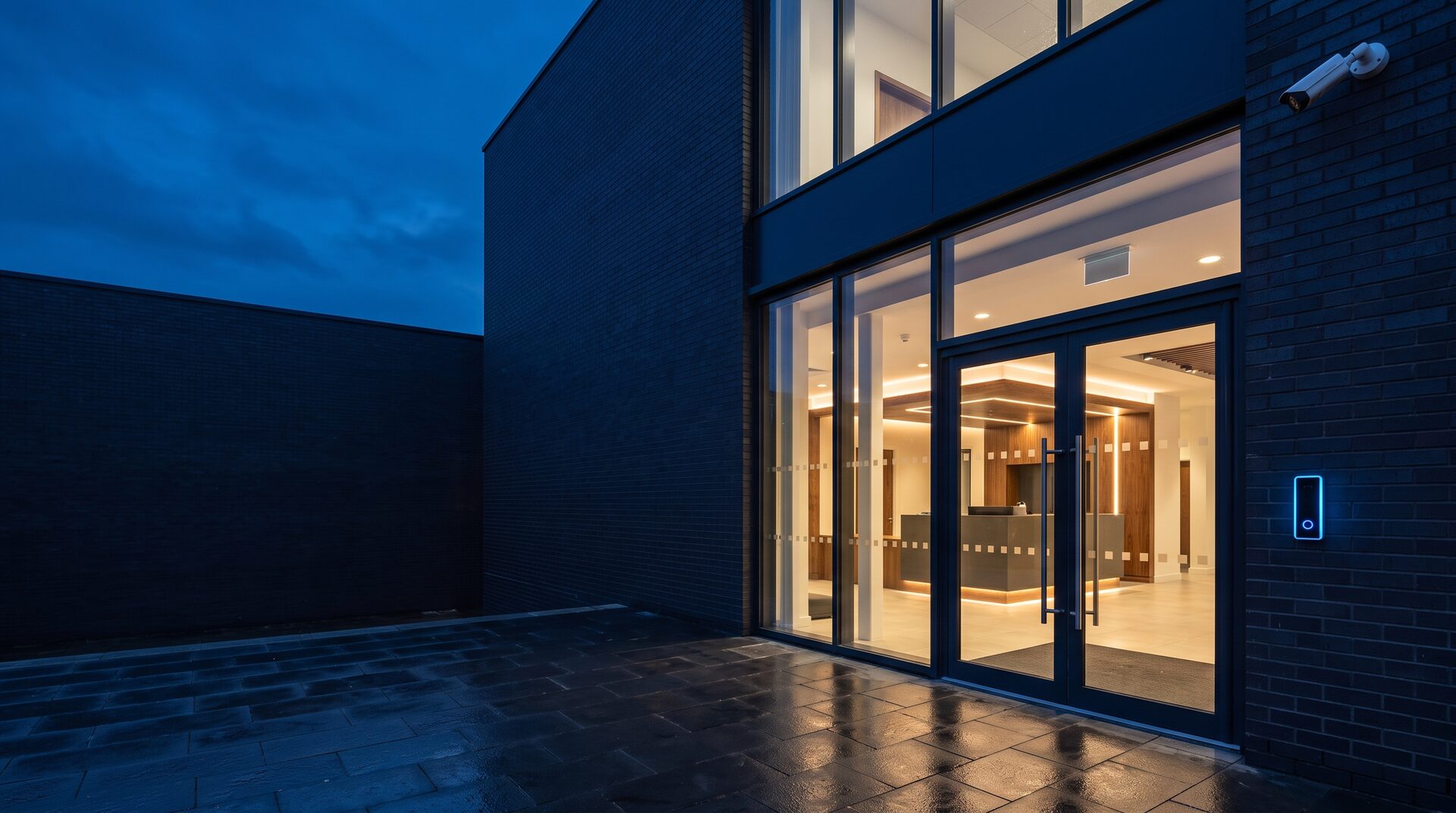 Commercial building entrance at dusk with a glowing access control reader and CCTV camera